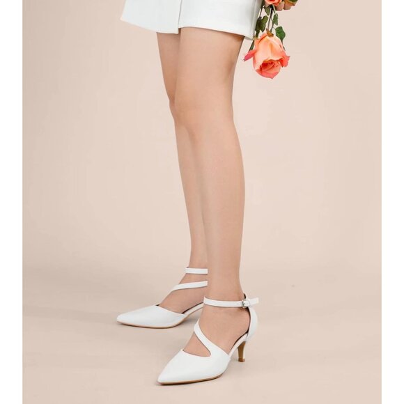 Women's White Polyurethane Pointed Toe Cross Strap Low Kitten Heel Pumps - Picture 7 of 7
